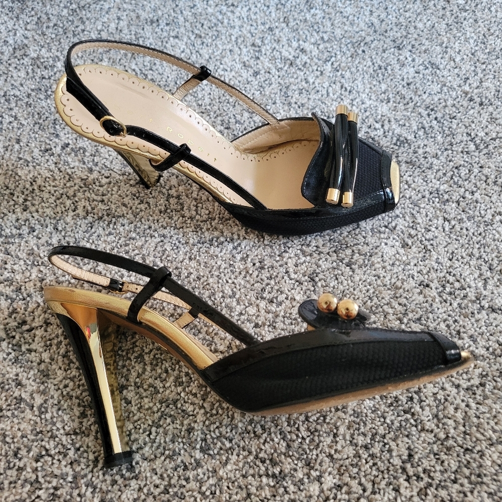 Robert Robert Black and Gold Slingback Leather  Peep Toe Heels Sz 7 US Euro 38 - Picture 2 of 10